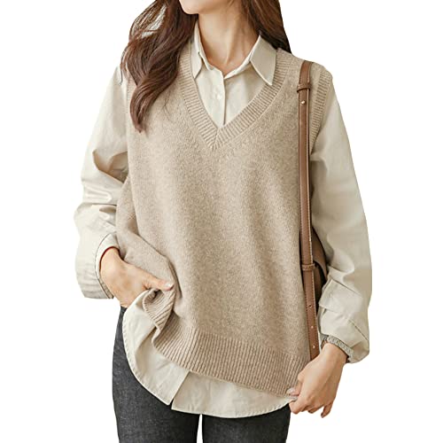 Pullover Sweater Damen Ärmelloser Weste Sweater Weste Pullunder V-Ausschnitt Pullover Strickweste Winter Herbst Warm Ärmelloser Strickpullover Vintage Weste Einfarbig Casual Strick Tank Top Farbe C L von GUOCU