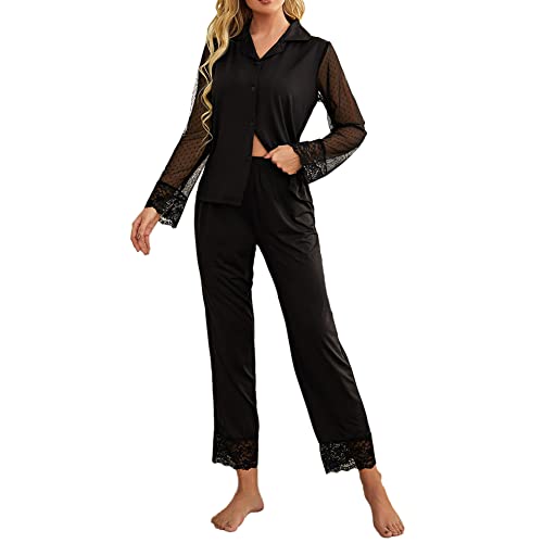 Schlafanzug Damen mit Knopfleiste Lang Pyjama Set Langarm Nachtwäsche Frühling Sommer Zweiteiliger V-Ausschnitt Sleepwear Lounge Set Hausanzug Einfarbiger Spitze Mesh Langarm Tops und Hose Schwarz S von GUOCU