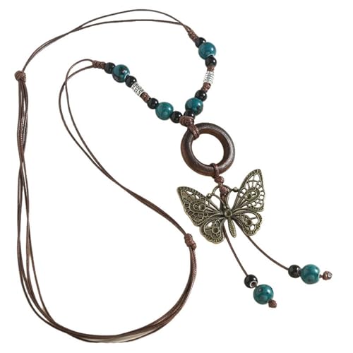 GUOGAOzz Ethnische Schmetterlings-Anhänger-Halskette, bunte Keramikperlen-Halskette, Bohemian-Stil lange Pullover-Ketten-Schmuck für Frauen (Style A) von GUOGAOzz