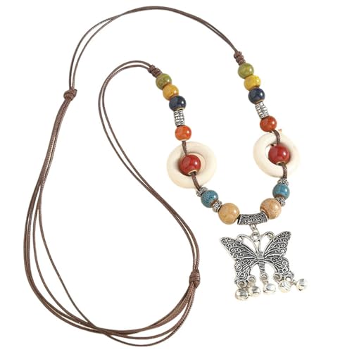 GUOGAOzz Ethnische Schmetterlings-Anhänger-Halskette, bunte Keramikperlen-Halskette, Bohemian-Stil lange Pullover-Ketten-Schmuck für Frauen (Style D) von GUOGAOzz