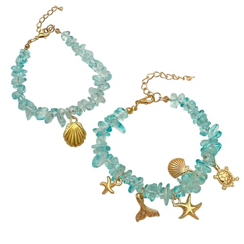 GUOGAOzz Muschel-Seestern-Armband, Armband mit unregelmäßigen blauen Steinen, stilvolle Strandarmbänder und Fußkettchen, Bohemian-Strandschmuck für Frauen (2pcs) von GUOGAOzz