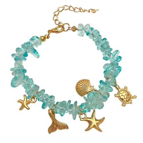 GUOGAOzz Muschel-Seestern-Armband, Armband mit unregelmäßigen blauen Steinen, stilvolle Strandarmbänder und Fußkettchen, Bohemian-Strandschmuck für Frauen (Style A) von GUOGAOzz