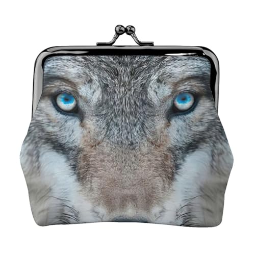 Blaue Augen Wolf Print Kompakte Münzbörse 11,5 x 10,5 cm Niedliche Mini-Geldbörse mit Kussverschluss Wasserdichte Tasche von GUOLGP