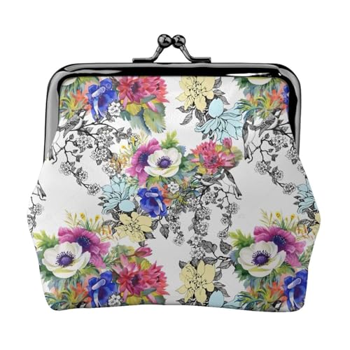 Garden Blossoming Wildflowers Birds Leaves Branches Print Compact Coin Purse 11.5x10.5cm Cute Mini Wallet with Kiss Lock Waterproof Pouch von GUOLGP