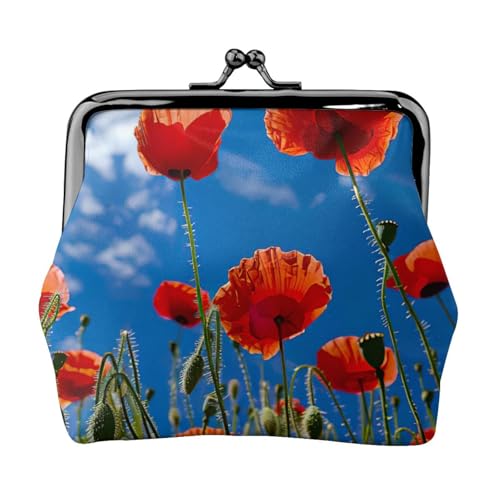 Kompakte Münzbörse mit Mohnblumen auf blauem Himmel, 11,5 x 10,5 cm, niedliche Mini-Geldbörse mit Kussverschluss, wasserdichte Tasche von GUOLGP