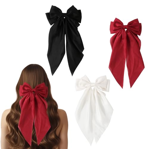 Haarspangen mit großer Schleife, große Haarspangen, französische Haarspangen mit langem seidigem Satinband, einfarbig, Haarschmuck für Damen und Mädchen (Rot + Schwarz + Weiß) von GUOUURR
