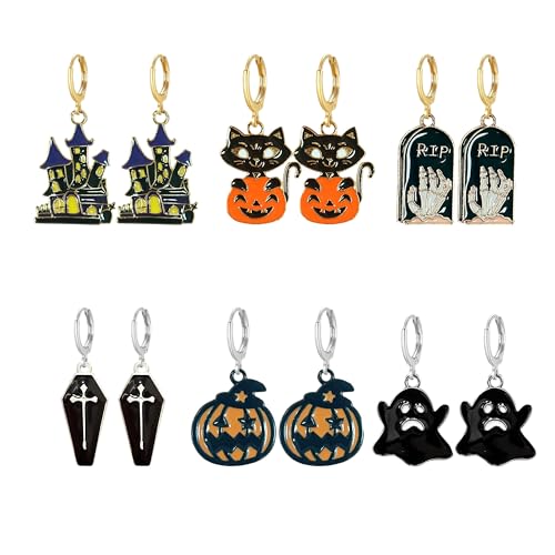 GUOXIAOMEI 6 Paar schwarze Katze Sarg Geist Grabstein Creolen Huggie Ohrringe Halloween Kürbis Hexe Ohrringe Set für Frauen gruseliger Gothic-Schmuck, Large, Metall, Kein Edelstein GUOXIAOMEI 6 Paar schwarze Katze Sarg Geist Grabstein Creolen Huggie Ohrringe Halloween Kürbis Hexe Ohrringe Set für Frauen gruseliger Gothic-Schmuck, Large, Metall, Kein Edelstein von GUOXIAOMEI