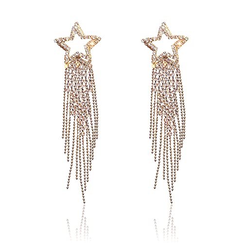 GUOXIAOMEI Bling Damen-Quasten-Ohrringe Stern Ohrstecker Pavé-Kristall baumelnde Ohrringe Boho Wasserfall Perlen Fransen Tropfen Ohrring, Zirkonia von GUOXIAOMEI