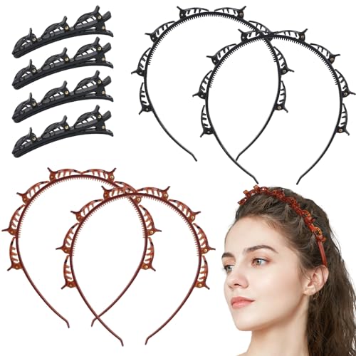 4 Stück Haarreif mit Klammern, Geflochtene Haarreifen mit Klammern, Bangs Headband with Clips, Haarreif mit Clips mit 4 Haarspangen für Damen, Mädchen (Schwarz+Braun) von GUOYIHUA