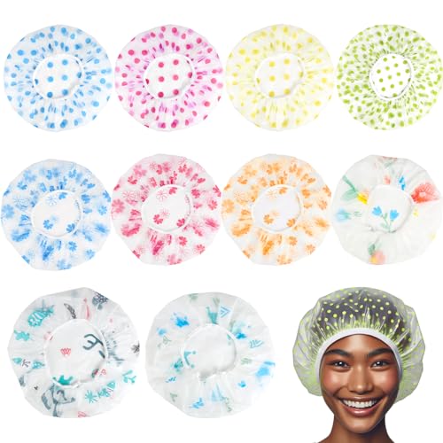 GUOYIHUA 10 Stück Duschhaube, Wiederverwendbare Duschhaube Damen, Wasserdichte Elastische Shower Cap, Farbe Duschhauben für Zuhause, Hotel, Reisen, Spa, Make-up, Salon von GUOYIHUA