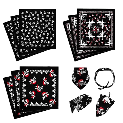 GUOYOU 9 Stücke Bandana Damen und Herren 54*54cm Paisley Bandanas Muster Totenkopf Stirnband Kopftücher Unisex Hijabs Multifunktionale Hijab Schals Schals Hals und Armbänder Piraten Deko Piratenhüte von GUOYOU