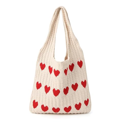 GUOYOU Strandtasche Süßem Herzmuster Häkeltasche Große Kapazität Aesthetic Strandtasche Damen Tragbar Crochet Bag für Urlaub Reisen Strand Frühling Sommer und Alltag (Cremefarben) von GUOYOU