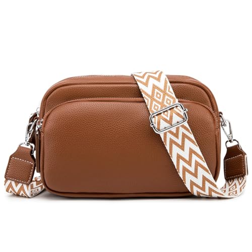 GUQTLUN Crossbody Bag Damen Leder Umhängetasche Damen Breiter Gurt Stylish Schultertasch Damen Moderne Tasche Crossbag Damen Handytasche zum Umhängen Braun von GUQTLUN