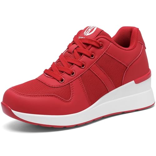GURGER Damen Keilabsatz Sneakers Atmungsaktiv Modische Freizeitschuhe Wedges Plateau Keilsneaker Keil Schuhe Rot Größe 37 von GURGER