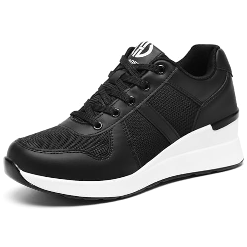 GURGER Damen Keilabsatz Sneakers Atmungsaktiv Modische Freizeitschuhe Wedges Plateau Keilsneaker Keil Schuhe Schwarz Größe 36 von GURGER
