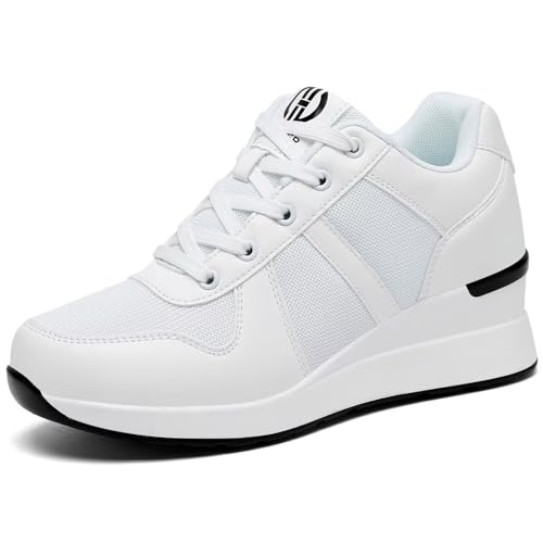 GURGER Damen Keilabsatz Sneakers Atmungsaktiv Modische Freizeitschuhe Wedges Plateau Keilsneaker Keil Schuhe Weiß Größe 41 von GURGER