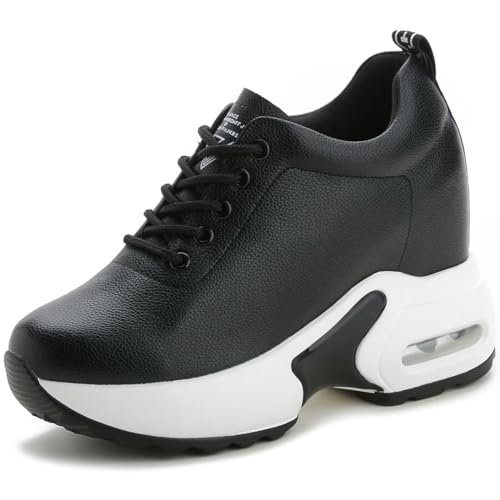 GURGER Damen Sneaker Keilabsatz Wedges Sportschuhe Leder Atmungsaktiv Laufschuhe Bequeme Turnschuhe Mode Freizeitschuhe Schwarz Größe 37 von GURGER