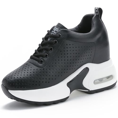 GURGER Damen Sneaker Keilabsatz Wedges Turnschuhe Leder Atmungsaktiv Laufschuhe Leichte Sportschuhe Mode Freizeitschuhe Schwarz Größe 35 von GURGER