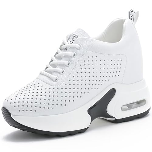 GURGER Damen Sneaker Keilabsatz Wedges Turnschuhe Leder Atmungsaktiv Laufschuhe Leichte Sportschuhe Mode Freizeitschuhe Weiß Größe 35 von GURGER