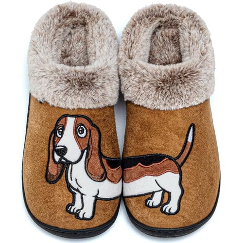 GURGER Hausschuhe Herren Damen Plüsch Gefüttert Winter Warme Hüttenschuhe Pantoffeln mit Cartoon Hund Stickerei Braun Größe 40 41 von GURGER