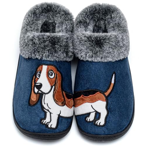 GURGER Hausschuhe Herren Damen Plüsch Gefüttert Winter Warme Hüttenschuhe Pantoffeln mit Cartoon Hund Stickerei Dunkelblau Größe 48 49 von GURGER