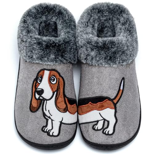 GURGER Hausschuhe Herren Damen Plüsch Gefüttert Winter Warme Hüttenschuhe Pantoffeln mit Cartoon Hund Stickerei Grau Größe 44 45 von GURGER