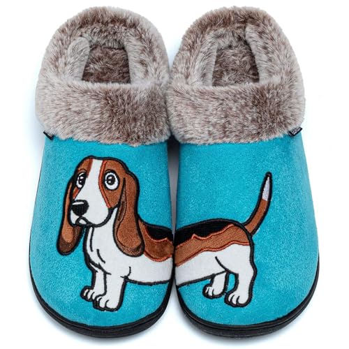 GURGER Hausschuhe Herren Damen Plüsch Gefüttert Winter Warme Hüttenschuhe Pantoffeln mit Cartoon Hund Stickerei Hellblau Größe 38 39 von GURGER