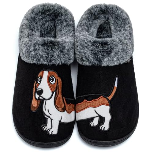 GURGER Hausschuhe Herren Damen Plüsch Gefüttert Winter Warme Hüttenschuhe Pantoffeln mit Cartoon Hund Stickerei Schwarz Größe 38 39 von GURGER