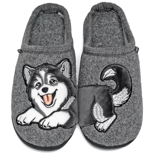 GURGER Hausschuhe Herren Damen Winter Warme Plüsch Gefüttert Filz Pantoffeln Hüttenschuhe für Zuhause mit Süßem Tiermotiv Katzen & Hunde Stickerei, Grau Größe 40 41 von GURGER