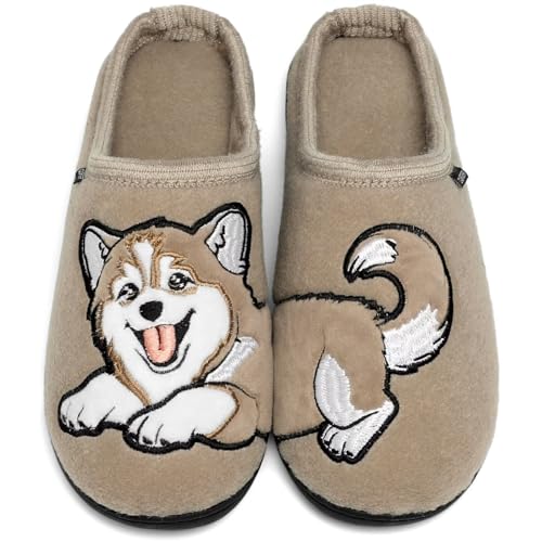 GURGER Hausschuhe Herren Damen Winter Warme Plüsch Gefüttert Filz Pantoffeln Hüttenschuhe für Zuhause mit Süßem Tiermotiv Katzen & Hunde Stickerei, Khaki Größe 44 45 von GURGER