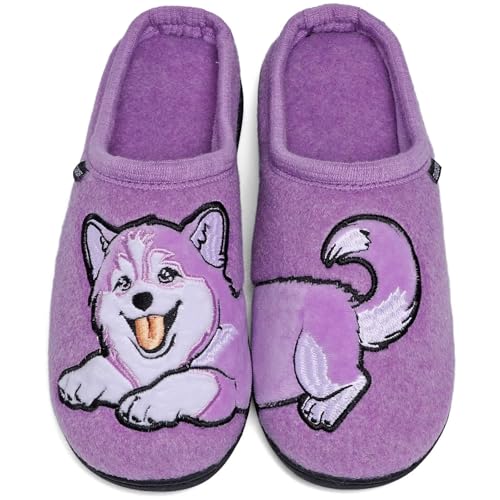 GURGER Hausschuhe Herren Damen Winter Warme Plüsch Gefüttert Filz Pantoffeln Hüttenschuhe für Zuhause mit Süßem Tiermotiv Katzen & Hunde Stickerei, Lila Größe 40 41 von GURGER