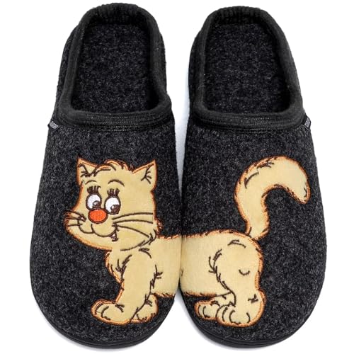 GURGER Hausschuhe Herren Damen Winter Warme Plüsch Gefüttert Filz Pantoffeln Hüttenschuhe für Zuhause mit Süßem Tiermotiv Katzen & Hunde Stickerei, Schwarz Größe 40 41 von GURGER