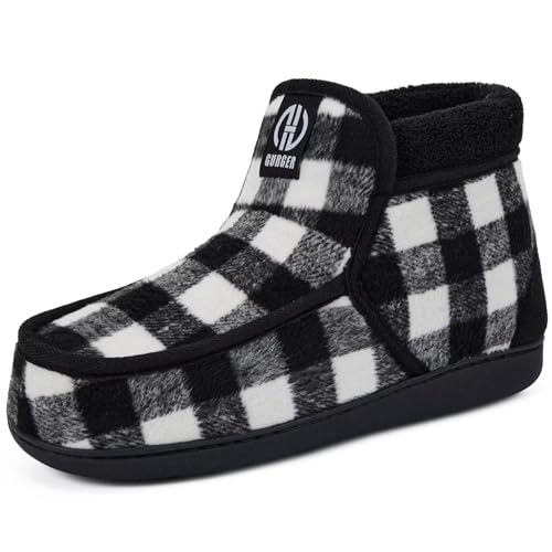 GURGER Hausschuhe Herren Hausstiefel Warm Plüsch Gefütterte Hüttenschuhe Mokassin Winter Geschlossen Rutschfester Pantoffeln Hohe Hüttenstiefel für Männer Schwarz Weiß Größe 46 47 von GURGER