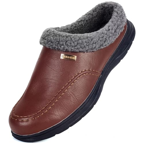 GURGER Hausschuhe Herren Leder Pantoffeln Winter Warm Plüsch Gefüttert Hüttenschuhe Mules Clogs für Zuhause, Dunkelbraun Größe 42 von GURGER