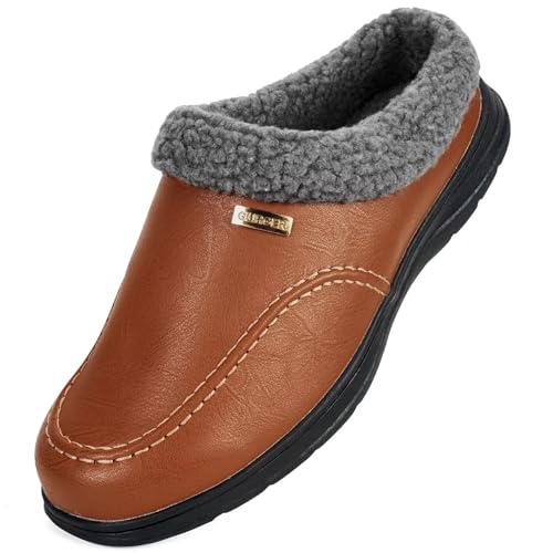 GURGER Hausschuhe Herren Leder Pantoffeln Winter Warm Plüsch Gefüttert Hüttenschuhe Mules Clogs für Zuhause, Rotbraun Größe 43 von GURGER