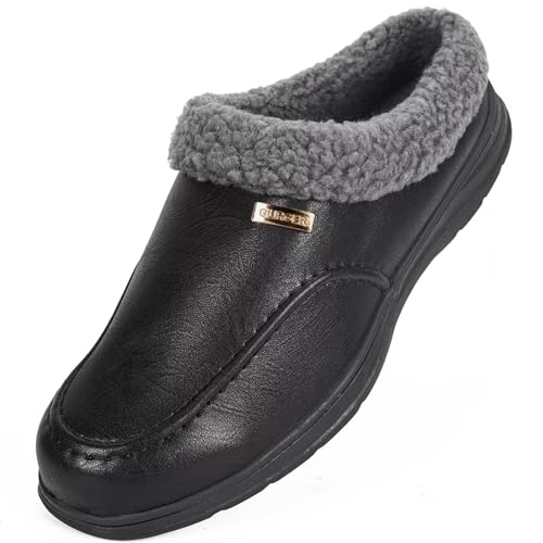 GURGER Hausschuhe Herren Leder Pantoffeln Winter Warm Plüsch Gefüttert Hüttenschuhe Mules Clogs für Zuhause, Schwarz Größe 45 von GURGER