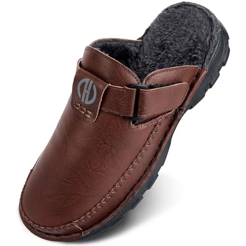 GURGER Hausschuhe Herren Leder Warm Plüsch Gefüttert Pantoffeln Winter Clogs Hüttenschuhe Rutschfest Gummisohle für Männer Dunkelbraun Größe 42 43 von GURGER