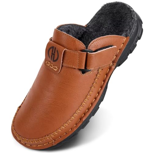 GURGER Hausschuhe Herren Leder Warm Plüsch Gefüttert Pantoffeln Winter Clogs Hüttenschuhe Rutschfest Gummisohle für Männer Rotbraun Größe 42 43 von GURGER