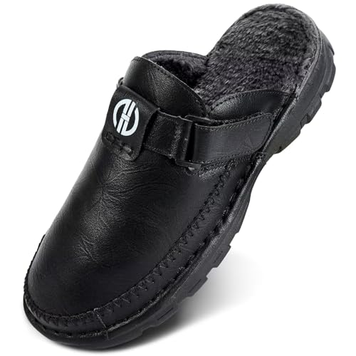 GURGER Hausschuhe Herren Leder Warm Plüsch Gefüttert Pantoffeln Winter Clogs Hüttenschuhe Rutschfest Gummisohle für Männer Schwarz Größe 44 45 von GURGER