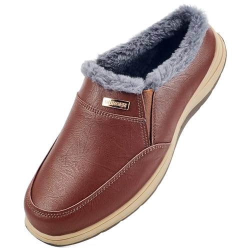 GURGER Hausschuhe Herren Leder Winter Pantoffeln Warm Plüsch Gefüttert Hüttenschuhe Clogs mit Kunstfell Innenfutter Bequeme Rutschfeste Haus Slippers für Innen & Außen, Dunkelbraun Größe 41 von GURGER