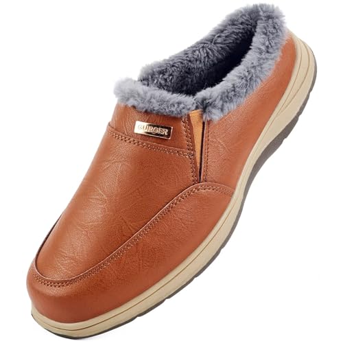 GURGER Hausschuhe Herren Leder Winter Pantoffeln Warm Plüsch Gefüttert Hüttenschuhe Clogs mit Kunstfell Innenfutter Bequeme Rutschfeste Haus Slippers für Innen & Außen, Rotbraun Größe 40 von GURGER