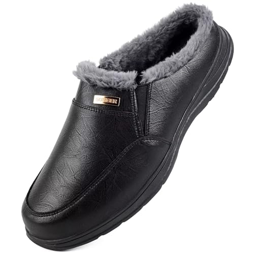 GURGER Hausschuhe Herren Leder Winter Pantoffeln Warm Plüsch Gefüttert Hüttenschuhe Clogs mit Kunstfell Innenfutter Bequeme Rutschfeste Haus Slippers für Innen & Außen, Schwarz Größe 45 von GURGER