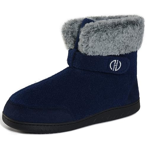 GURGER Hausschuhe Herren Plüsch Gefüttert Hausstiefel Damen Winter Warm Filz Hüttenschuhe Hohe Filzpantoffeln Hüttenstiefel Unisex Blau Größe 46 47 von GURGER