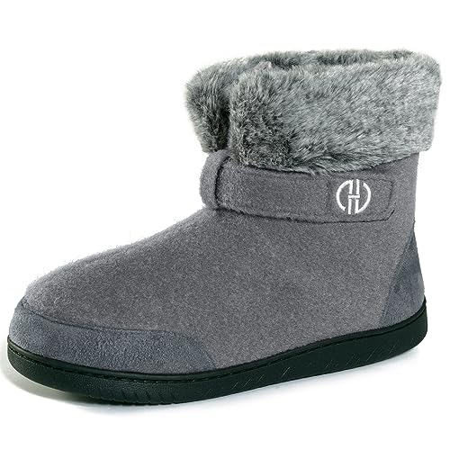 GURGER Hausschuhe Herren Plüsch Gefüttert Hausstiefel Damen Winter Warm Filz Hüttenschuhe Hohe Filzpantoffeln Hüttenstiefel Unisex Grau Größe 46 47 von GURGER