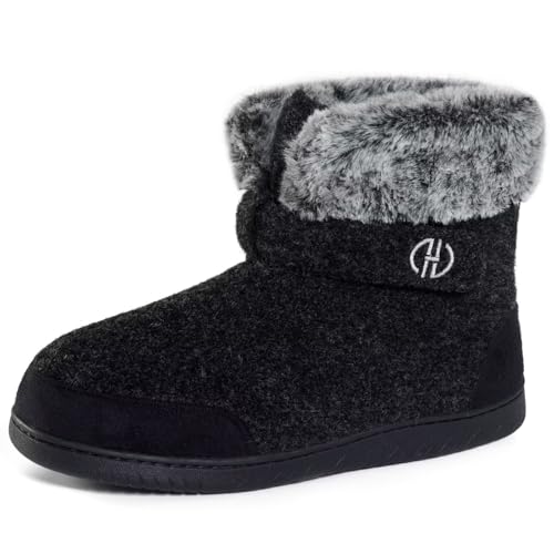 GURGER Hausschuhe Herren Plüsch Gefüttert Hausstiefel Damen Winter Warm Filz Hüttenschuhe Hohe Filzpantoffeln Hüttenstiefel Unisex Schwarz Größe 40 41 von GURGER