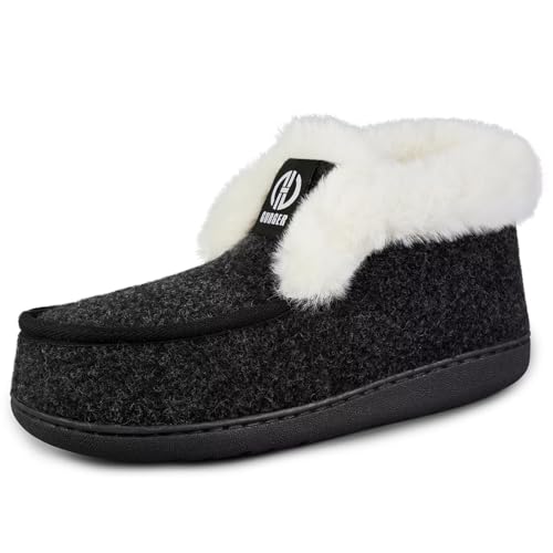 GURGER Hausschuhe Herren Plüsch Gefüttert Mokassin Hüttenschuhe Winter Warm Hausstiefel Hohe Pantoffeln Geschlossen Filzpantoffeln für Männer Schwarz Größe 42 43 von GURGER