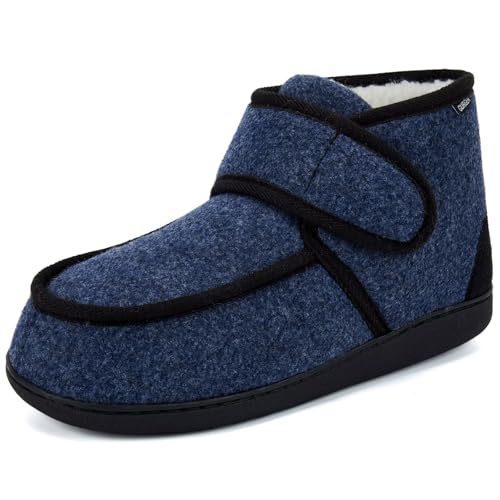 GURGER Hausschuhe Herren Warm Plüsch Gefütterte Hausstiefel Diabetiker Hausschuhe Extra Weit Winter Hüttenschuhe Pantoffeln Filzpantoffeln Mit Verstellbarer Klettverschluss Blau Größe 44 45 von GURGER