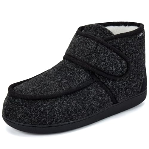 GURGER Hausschuhe Herren Warm Plüsch Gefütterte Hausstiefel Diabetiker Hausschuhe Extra Weit Winter Hüttenschuhe Pantoffeln Filzpantoffeln Mit Verstellbarer Klettverschluss Schwarz Größe 44 45 von GURGER