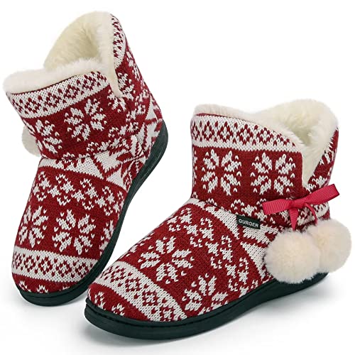 GURGER Hausschuhe Kinder Mädchen Jungen Hüttenschuhe Winter Plüsch Gefüttert Hausstiefel Hüttenstiefel Warm Rot Größe 26 27 von GURGER