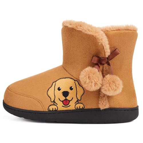GURGER Hausschuhe Stiefel Damen Winter Plüsch Gefüttert Hausstiefel Warm Hoch Hüttenschuhe Süßer Cartoon Stickerei Hund, Braun Größe 36 37 von GURGER
